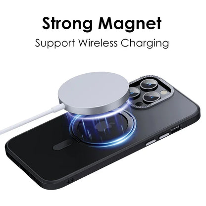 Magnetic 360°Rotation Stand Phone Case for Iphone 11 12 13 14 15 16 Pro Max plus with Ring Holder Frosted Transparent Case Funda