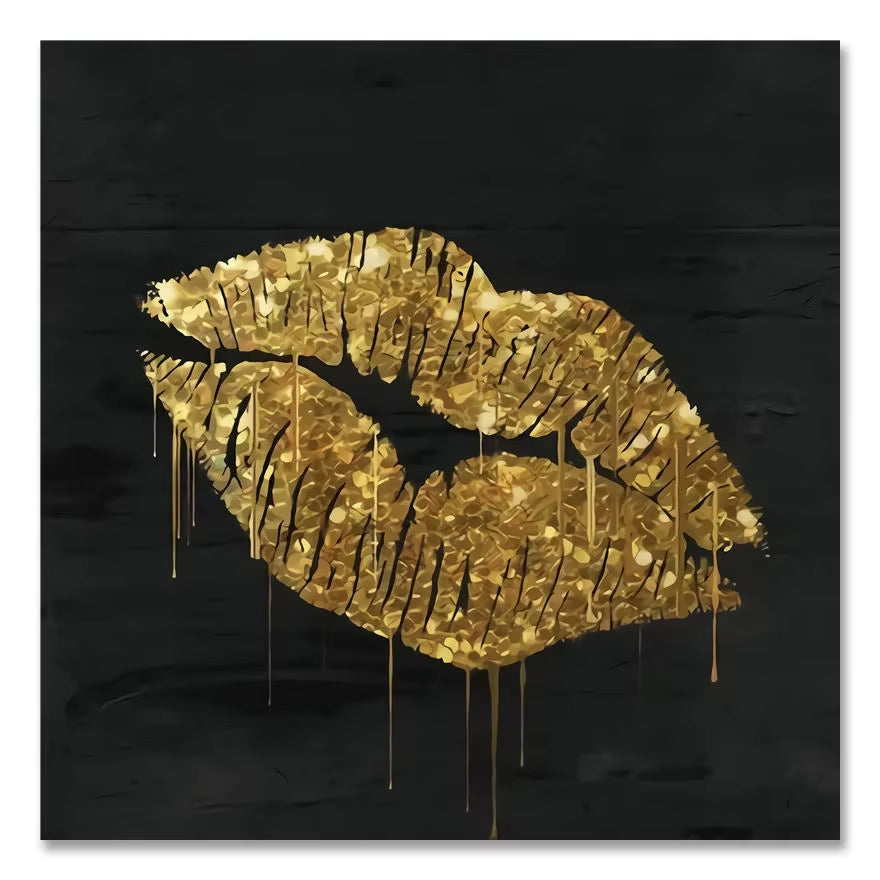 Scandinavian Classic Wall Art Golden Luxury Lips Leaves HD Canvas Poster Oil Painting Print Home Bedroom Living Room Decoration