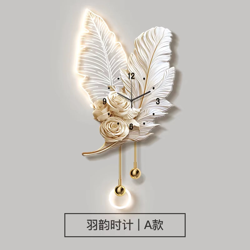 Feather TV Background Wall Decoration Painting, Light Luxury Living Room Clock Wall Lamp, High-End Creative Grille Wall