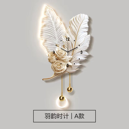 Feather TV Background Wall Decoration Painting, Light Luxury Living Room Clock Wall Lamp, High-End Creative Grille Wall
