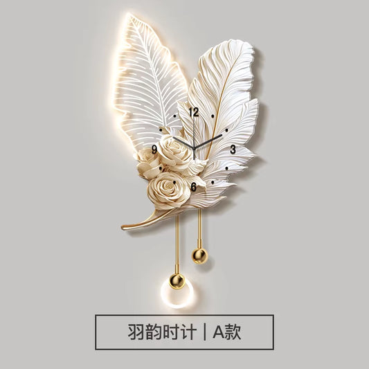 Feather TV Background Wall Decoration Painting, Light Luxury Living Room Clock Wall Lamp, High-End Creative Grille Wall