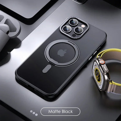 Magnetic 360°Rotation Stand Phone Case for Iphone 11 12 13 14 15 16 Pro Max plus with Ring Holder Frosted Transparent Case Funda