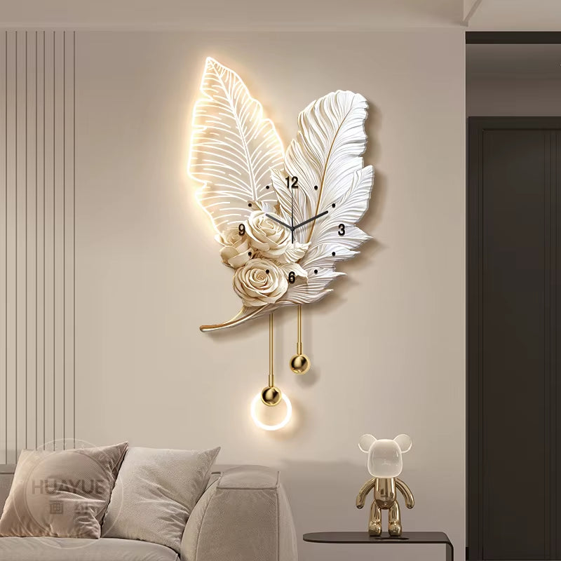 Feather TV Background Wall Decoration Painting, Light Luxury Living Room Clock Wall Lamp, High-End Creative Grille Wall