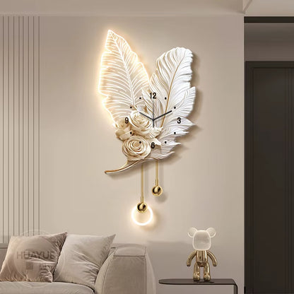 Feather TV Background Wall Decoration Painting, Light Luxury Living Room Clock Wall Lamp, High-End Creative Grille Wall