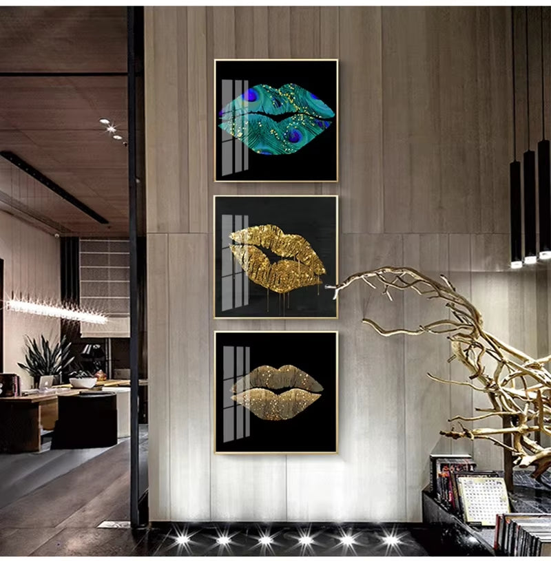 Scandinavian Classic Wall Art Golden Luxury Lips Leaves HD Canvas Poster Oil Painting Print Home Bedroom Living Room Decoration