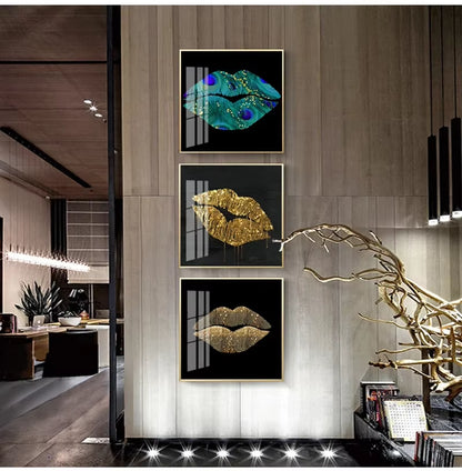 Scandinavian Classic Wall Art Golden Luxury Lips Leaves HD Canvas Poster Oil Painting Print Home Bedroom Living Room Decoration