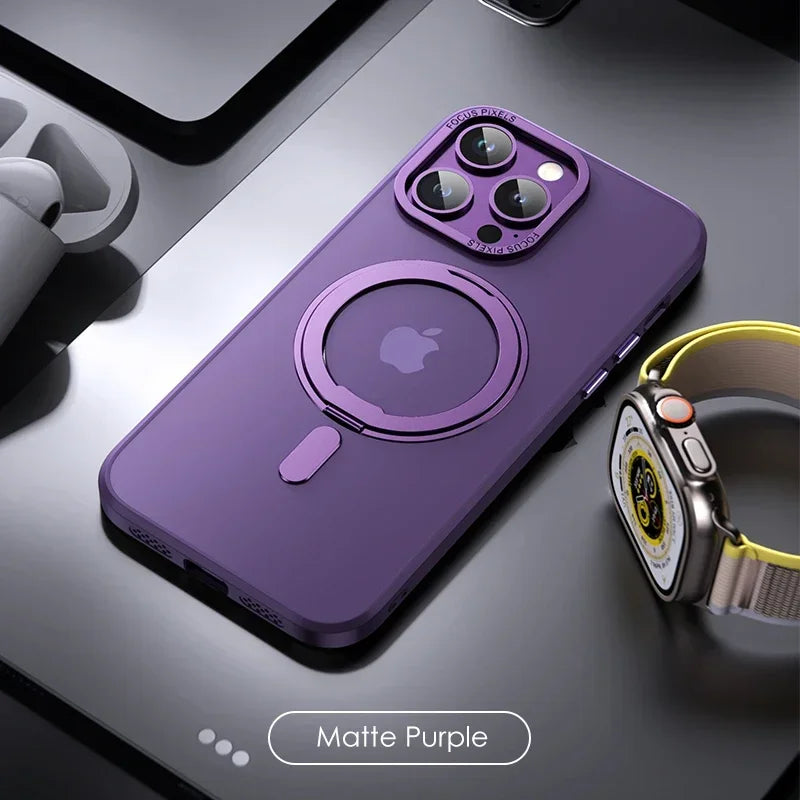 Magnetic 360°Rotation Stand Phone Case for Iphone 11 12 13 14 15 16 Pro Max plus with Ring Holder Frosted Transparent Case Funda