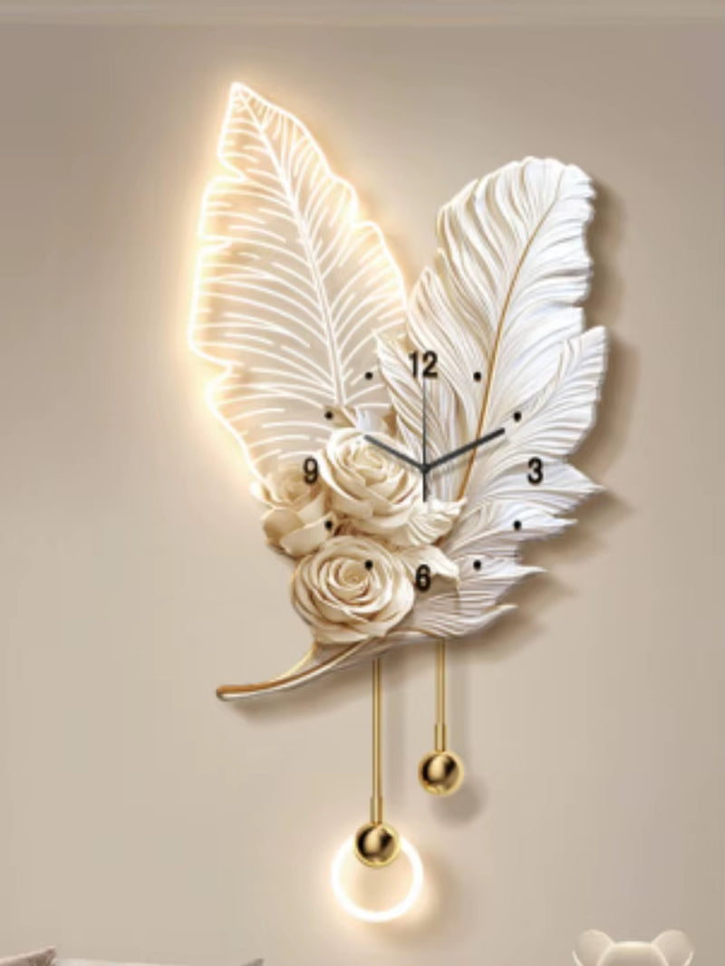 Feather TV Background Wall Decoration Painting, Light Luxury Living Room Clock Wall Lamp, High-End Creative Grille Wall