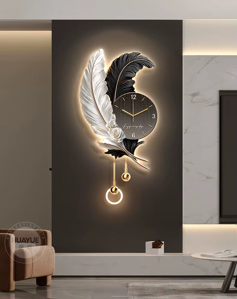 Feather TV Background Wall Decoration Painting, Light Luxury Living Room Clock Wall Lamp, High-End Creative Grille Wall