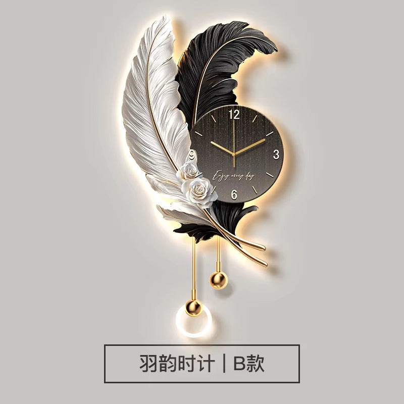 Feather TV Background Wall Decoration Painting, Light Luxury Living Room Clock Wall Lamp, High-End Creative Grille Wall