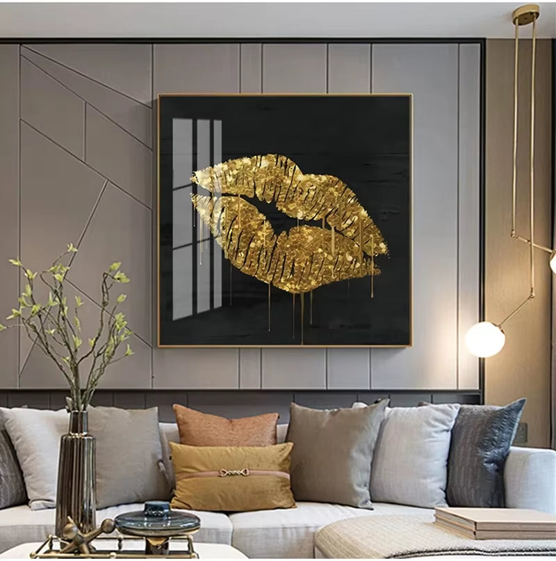 Scandinavian Classic Wall Art Golden Luxury Lips Leaves HD Canvas Poster Oil Painting Print Home Bedroom Living Room Decoration