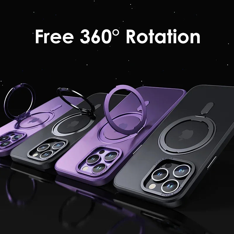Magnetic 360°Rotation Stand Phone Case for Iphone 11 12 13 14 15 16 Pro Max plus with Ring Holder Frosted Transparent Case Funda