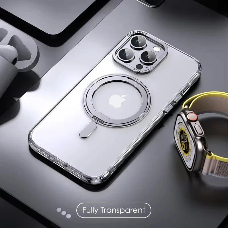 Magnetic 360°Rotation Stand Phone Case for Iphone 11 12 13 14 15 16 Pro Max plus with Ring Holder Frosted Transparent Case Funda