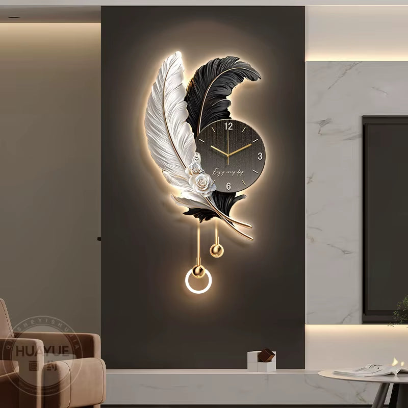 Feather TV Background Wall Decoration Painting, Light Luxury Living Room Clock Wall Lamp, High-End Creative Grille Wall