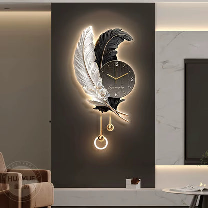Feather TV Background Wall Decoration Painting, Light Luxury Living Room Clock Wall Lamp, High-End Creative Grille Wall