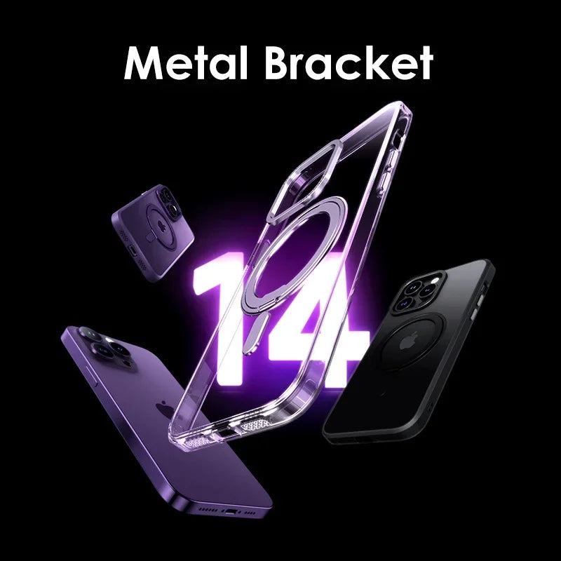 Magnetic 360°Rotation Stand Phone Case for Iphone 11 12 13 14 15 16 Pro Max plus with Ring Holder Frosted Transparent Case Funda
