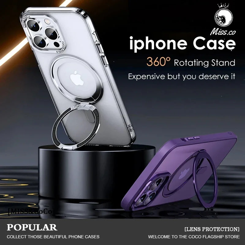 Magnetic 360°Rotation Stand Phone Case for Iphone 11 12 13 14 15 16 Pro Max plus with Ring Holder Frosted Transparent Case Funda