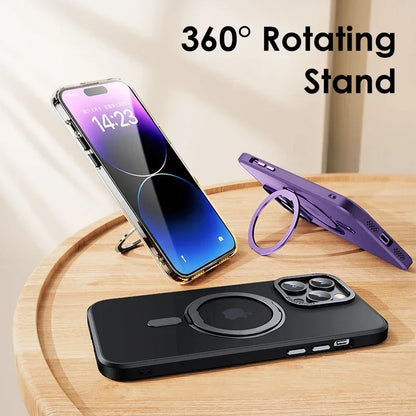 Magnetic 360°Rotation Stand Phone Case for Iphone 11 12 13 14 15 16 Pro Max plus with Ring Holder Frosted Transparent Case Funda